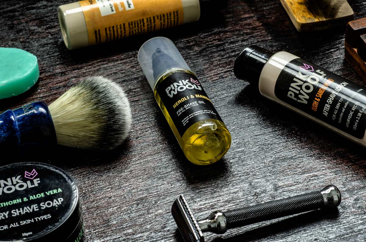 Pre Shave Oil Neroli Mandarin - Prepare Your Skin for a Smooth Shave - with Shaving Brush Blue Monster, Shaving Soap, Safety Razor, and After Shave