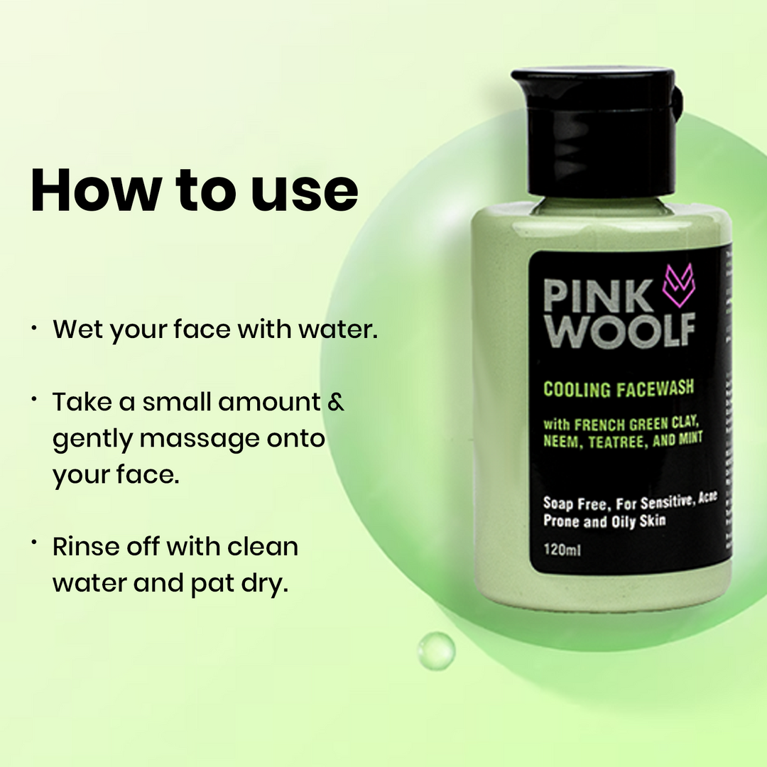 Pink Woolf cooling neem french green clay face wash bottle with usage instructions on a green background