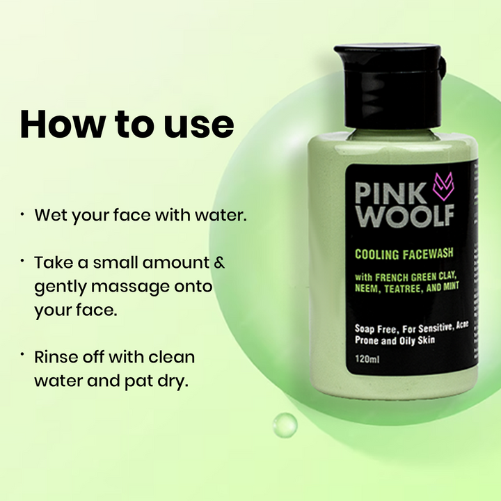 Pink Woolf cooling neem french green clay face wash bottle with usage instructions on a green background