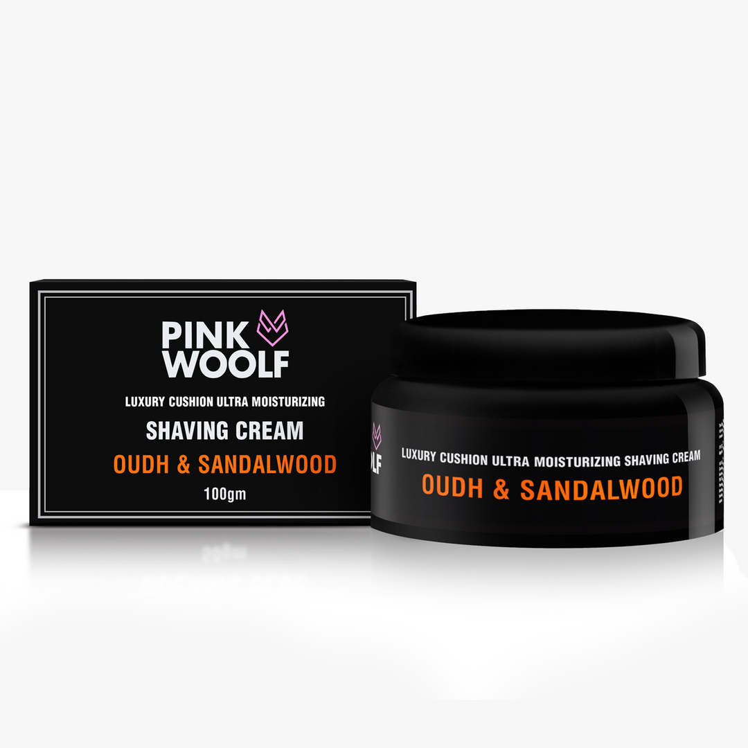 Black shaving cream jar and packaging with 'Pink Wool' branding on a white background