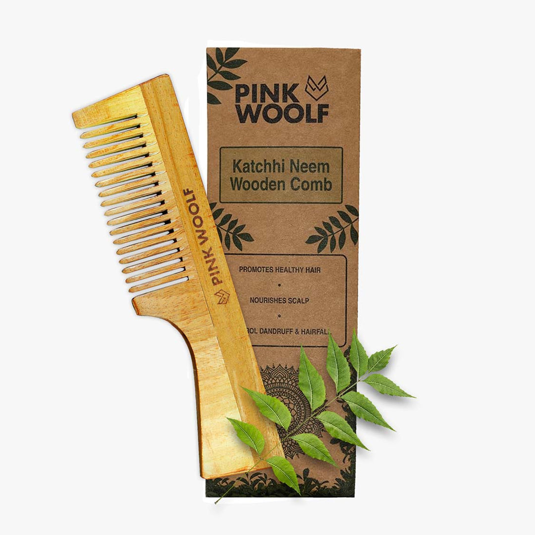 Neem Wooden Comb - Wide Teeth With Handle - Neem Comb, Neem Wooden CombPinkWoolf