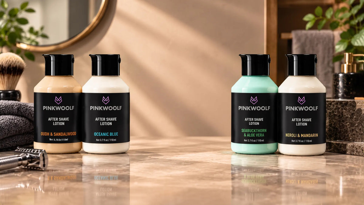 Pink Woolf after shave lotions for men in Oudh and Sandalwood, Oceanic Blue, Seabuckthorn Aloe Vera, shave lotions for men in Oudh and Sandalwood, Oceanic Blue, Seabuckthorn and Aloe Vera, and Neroli and Mandarin