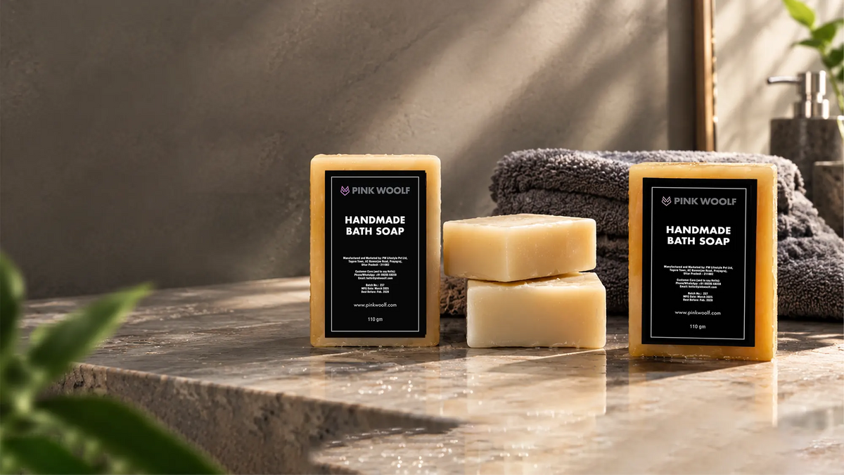 Pink Woolf body care collection featuring handmade bath soaps for everyday grooming