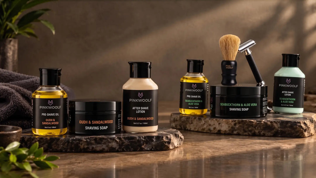 Pink Woolf grooming gift collection with shaving soaps, pre-shave oils, after-shave lotions, brushes and safety razor