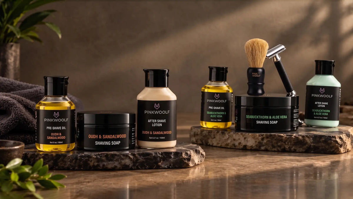 Pink Woolf grooming gift collection with shaving soaps, pre-shave oils, after-shave lotions, brushes and safety razor