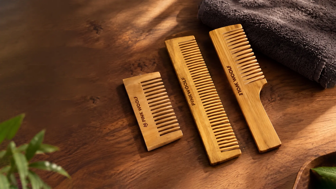 Pink Woolf hair care collection banner featuring neem wood grooming combs