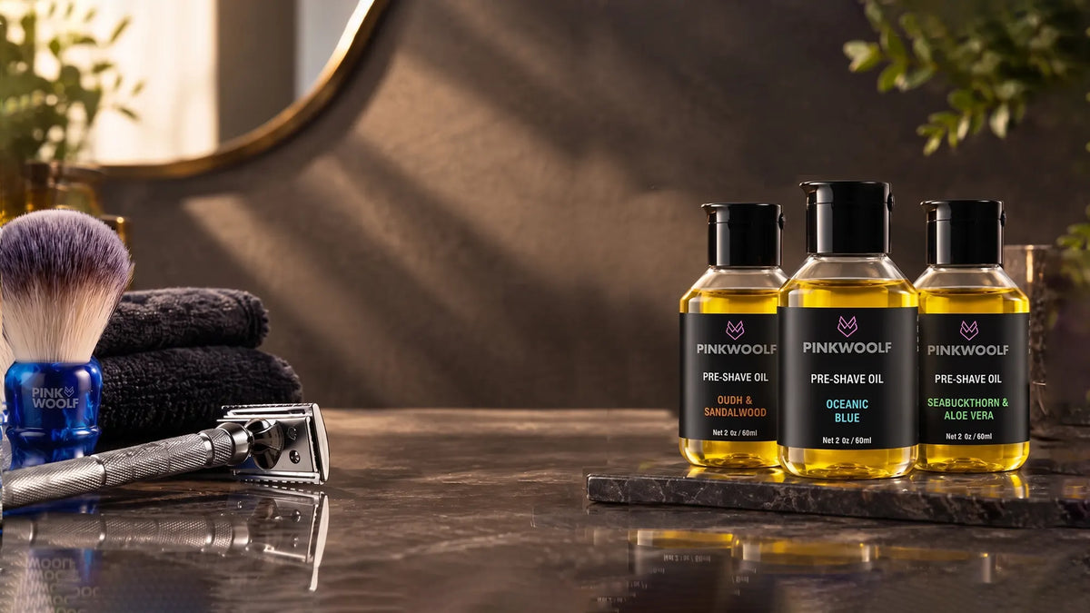 Pink Woolf pre-shave oils for men in Oudh and Sandalwood, Oceanic Blue, and Seabuckthorn and Aloe Vera