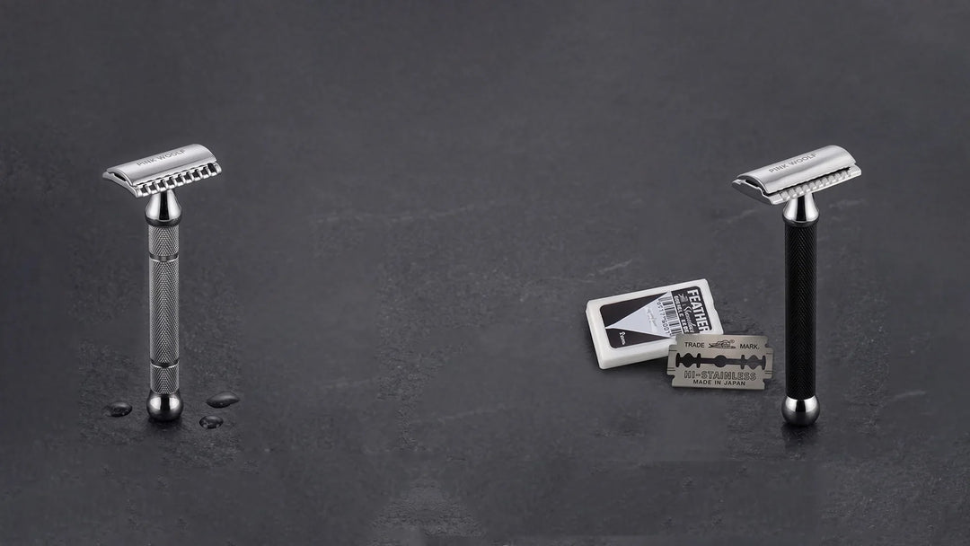 Pink Woolf double edge safety razors in chrome and black with Feather razor blades for traditional wet shaving