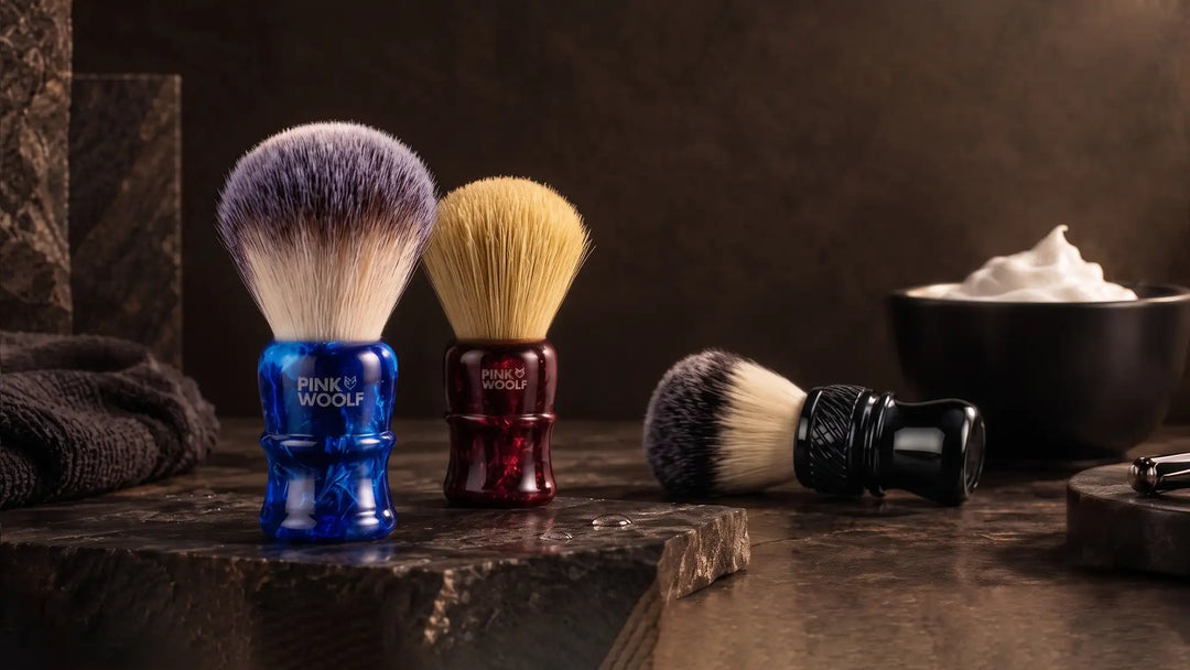 Pink Woolf shaving brush collection with synthetic and natural boar brushes for traditional wet shaving