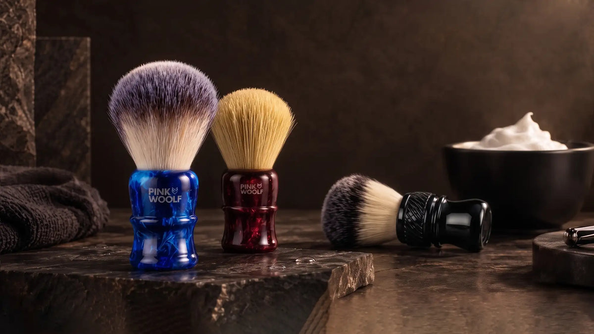 Pink Woolf shaving brush collection with synthetic and natural boar brushes for traditional wet shaving