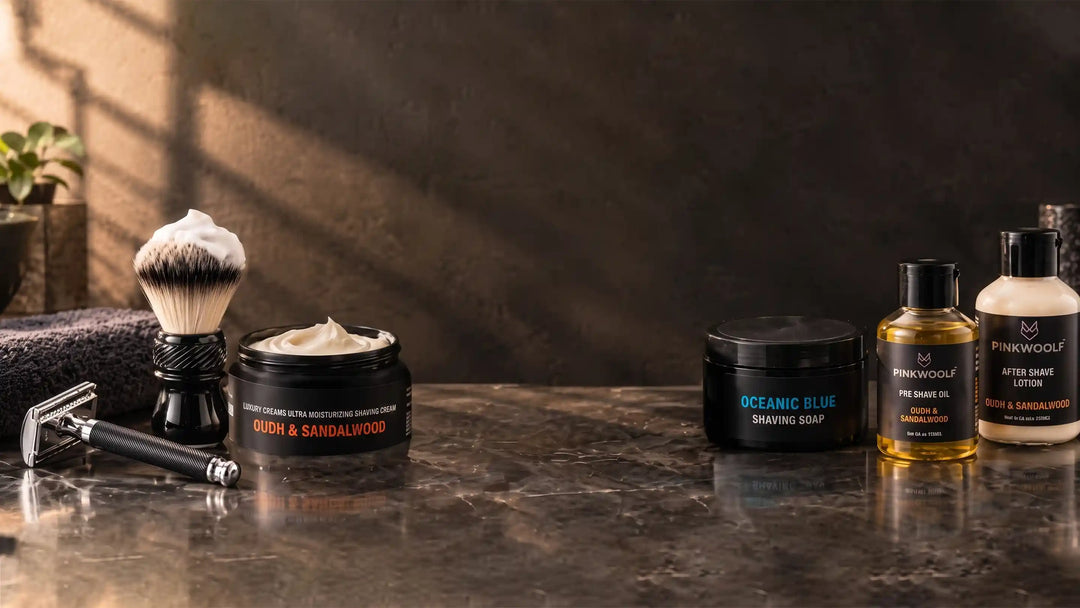 Pink Woolf shaving essentials with safety razor, shaving brush, shaving cream, shaving soap, pre-shave oil and after-shave