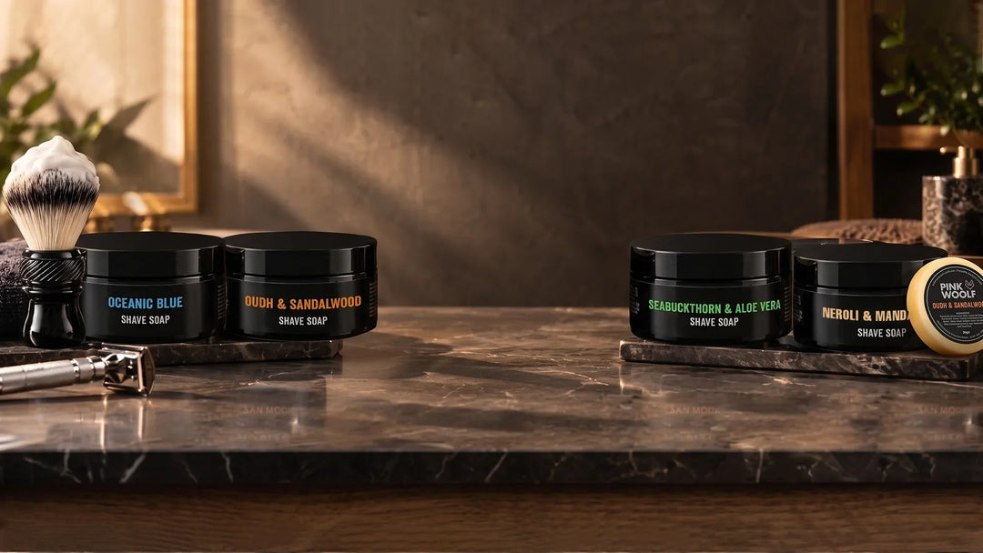Pink Woolf shaving soaps for men in Oceanic Blue, Oudh and Sandalwood, Seabuckthorn and Aloe Vera, and Neroli and Mandarin