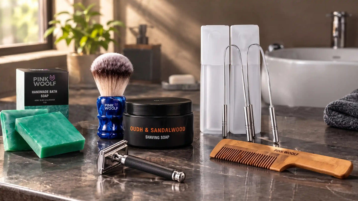 Pink Woolf grooming essentials with safety razor, shaving brush, shaving soap, tongue cleaners, neem comb and bath soap
