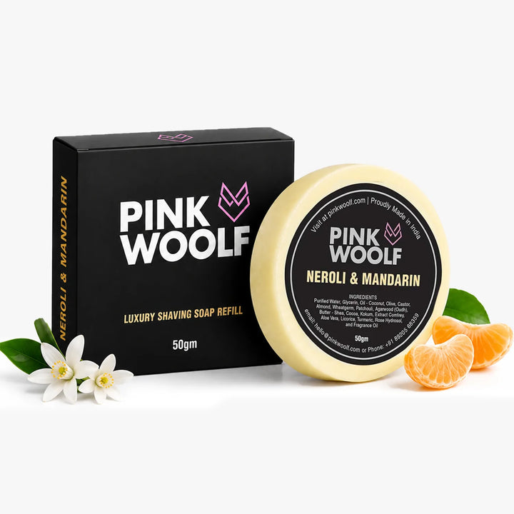 Pink Woolf Neroli & Mandarin shaving soap refill 50g with box and soap puck