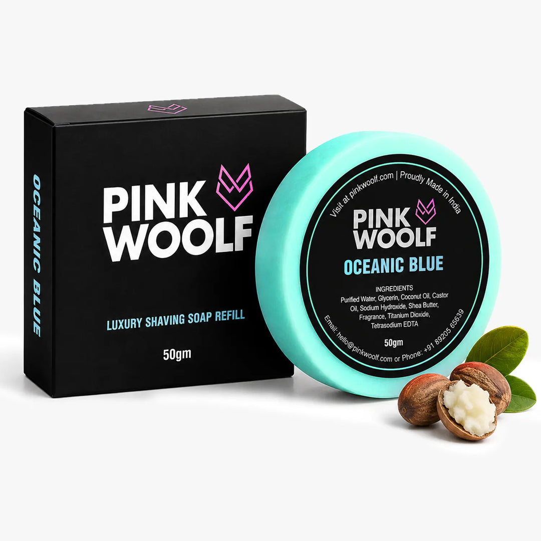 Pink Woolf Oceanic Blue shaving soap refill 50g with box and blue soap puck