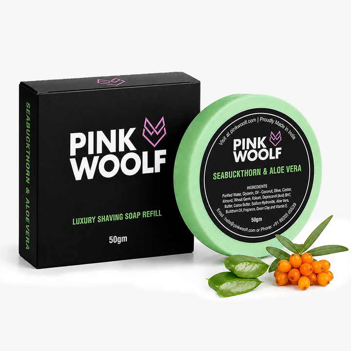 Pink Woolf Seabuckthorn & Aloe Vera shaving soap refill, 50g, with its box and green soap puck.