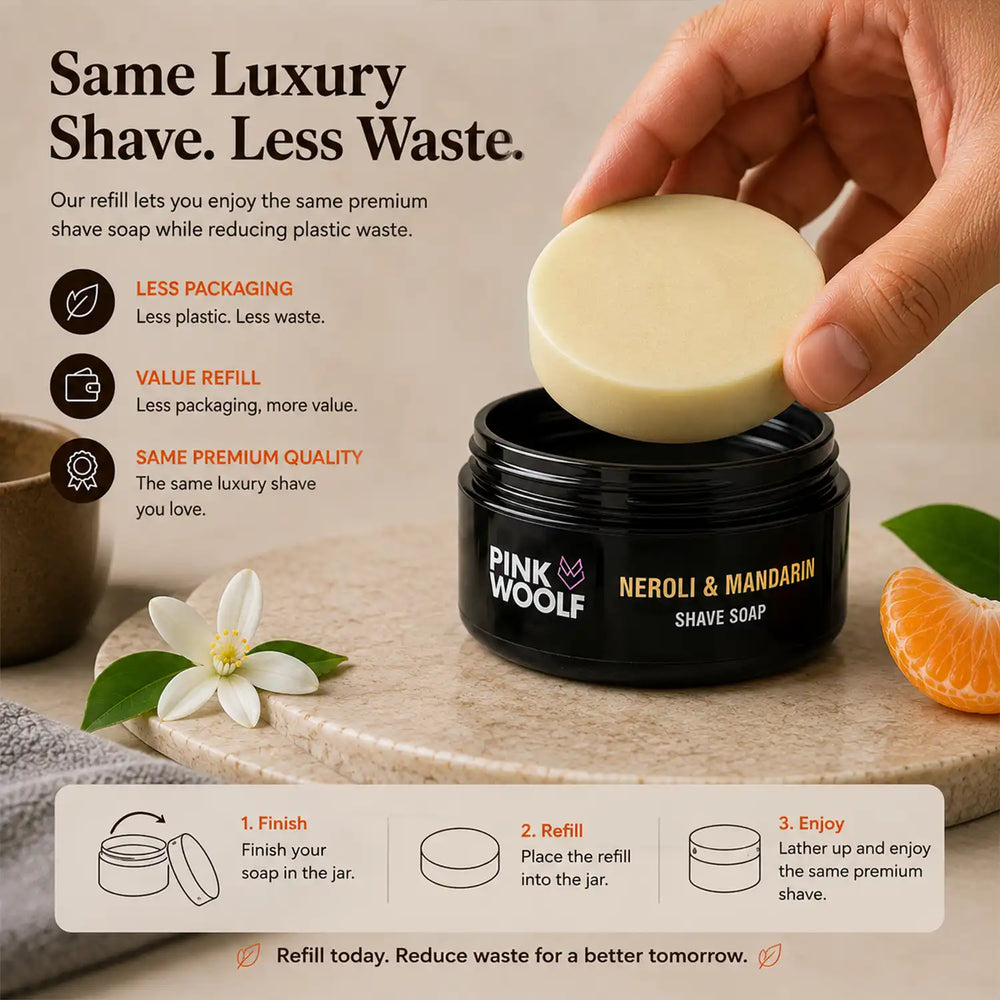 Pink Woolf Neroli & Mandarin shaving soap refill creating rich creamy lather with a shaving brush