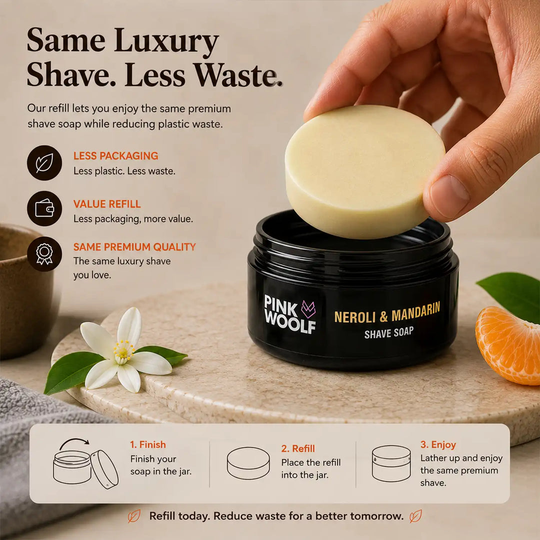 Pink Woolf Neroli & Mandarin shaving soap refill creating rich creamy lather with a shaving brush