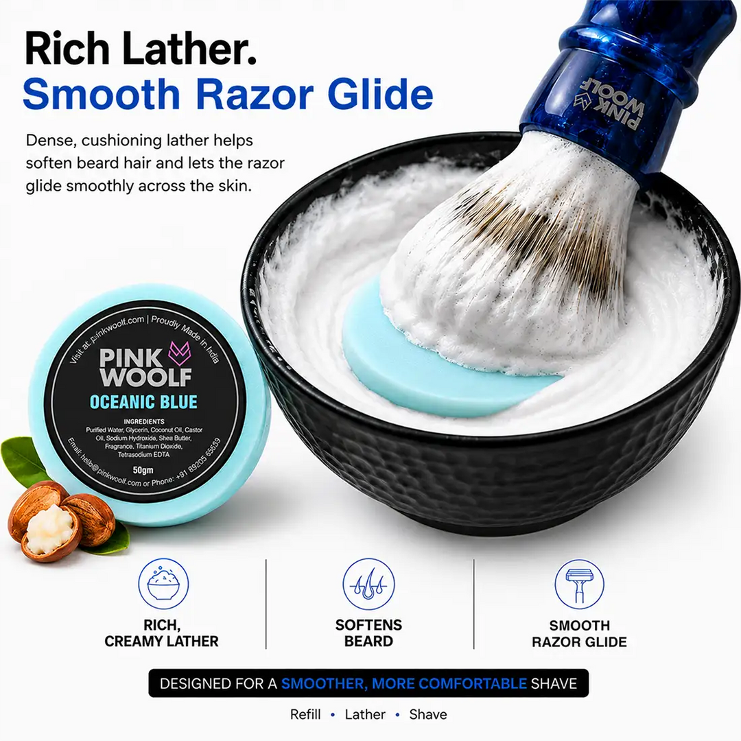 Pink Woolf Oceanic Blue shaving soap refill creating rich creamy lather with a shaving brush