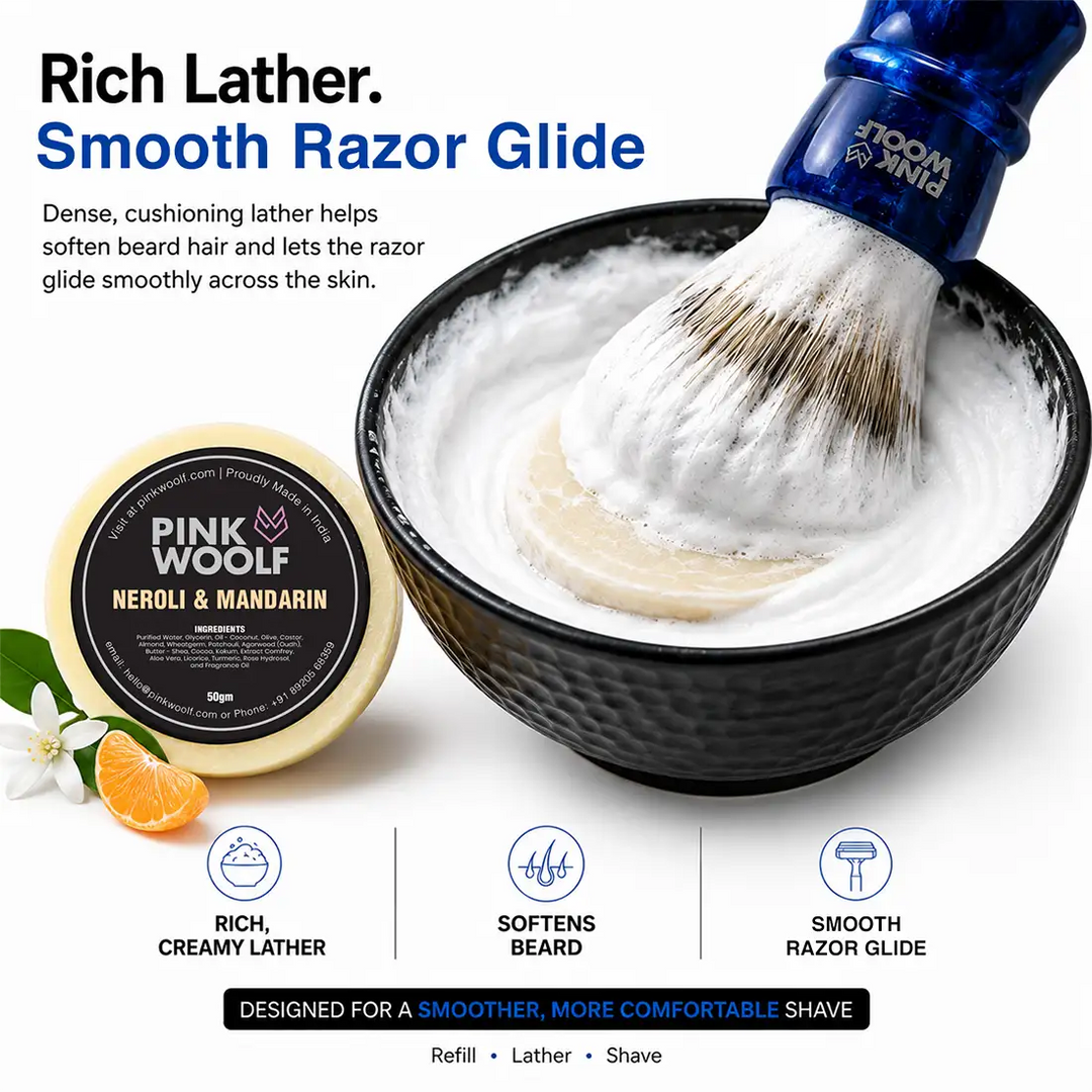 Pink Woolf Neroli & Mandarin shaving soap refill with bright citrus and soft floral fragrance profile