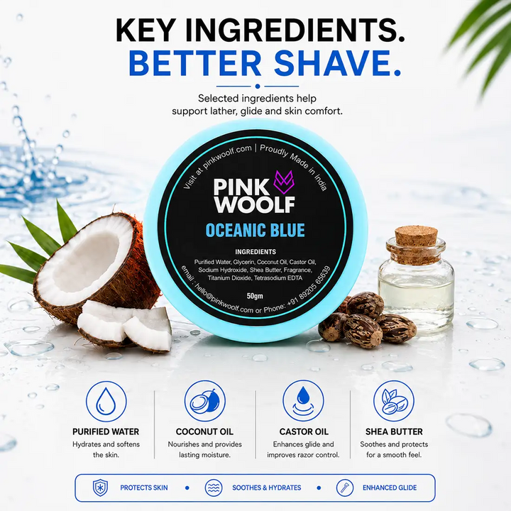 Pink Woolf Oceanic Blue shaving soap refill with coconut oil, castor oil and shea butter ingredient graphic
