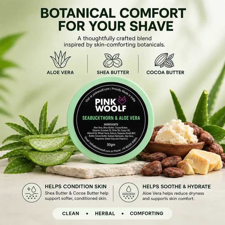 Pink Woolf Seabuckthorn & Aloe Vera shaving soap refill with its botanical comfort guide.
