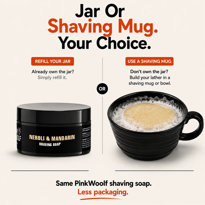 Pink Woolf Neroli & Mandarin shaving soap refill shown for use in an existing shaving jar or shaving mug