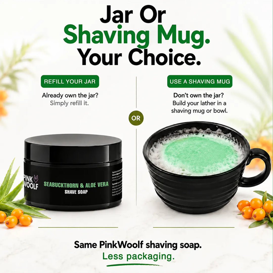 Seabuckthorn & Aloe Vera refill-use guide showing an existing shaving soap jar and a shaving mug.