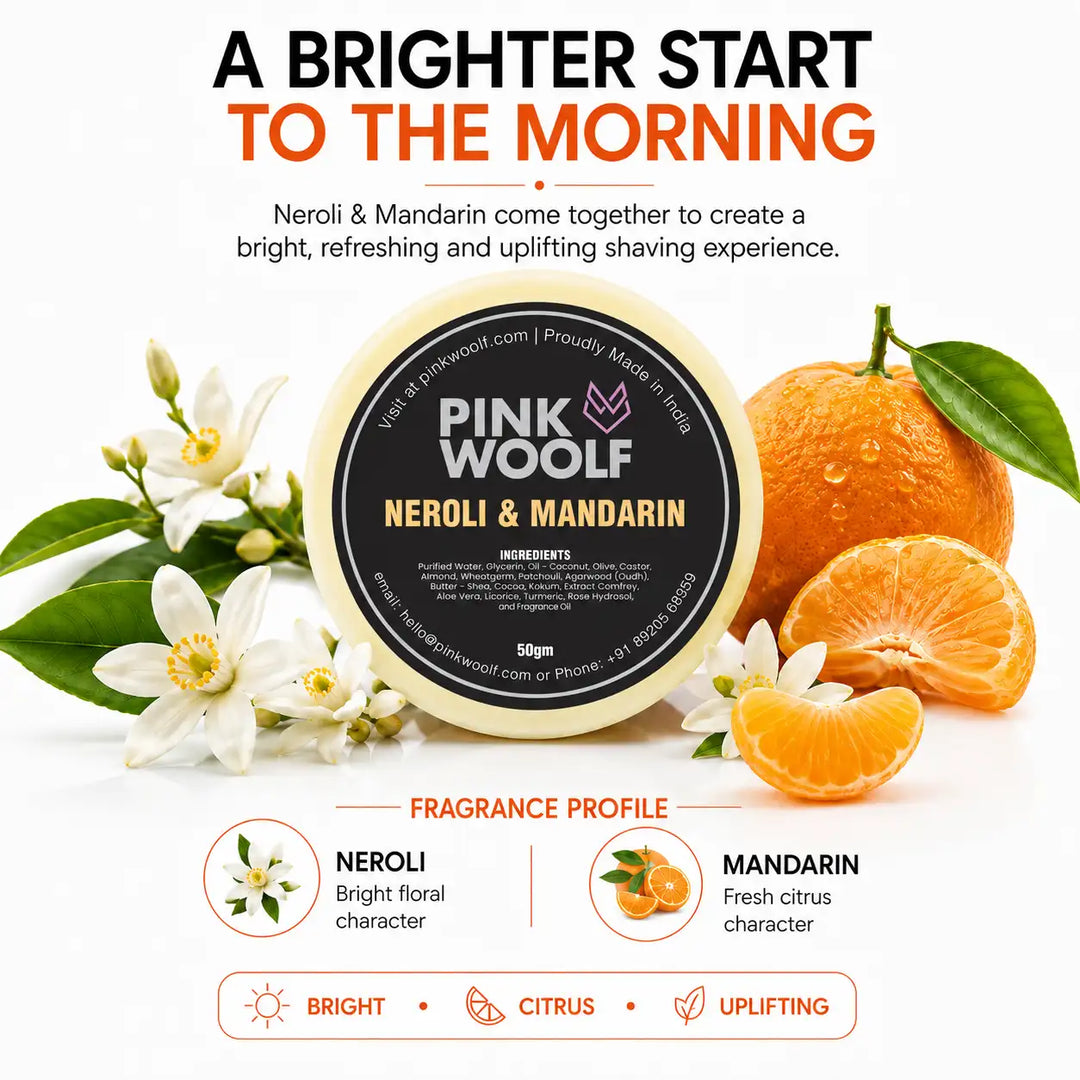 Pink Woolf Neroli & Mandarin shaving soap refill being placed into a reusable shaving soap jar