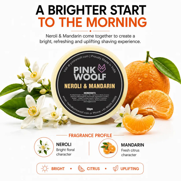 Pink Woolf Neroli & Mandarin shaving soap refill being placed into a reusable shaving soap jar