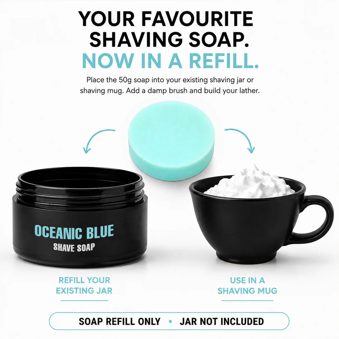 Pink Woolf Oceanic Blue shaving soap refill showing refill and reuse options with less packaging