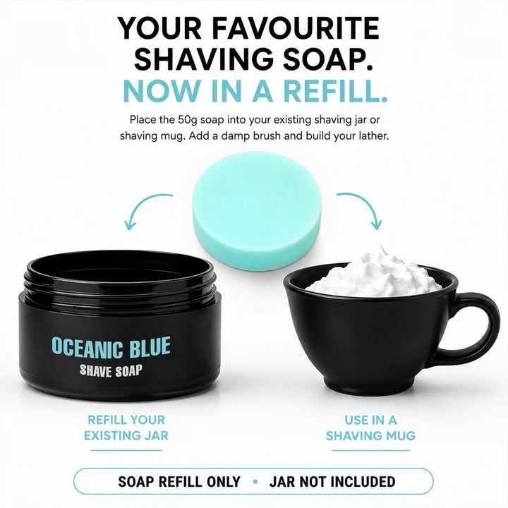 Pink Woolf Oceanic Blue shaving soap refill showing refill and reuse options with less packaging