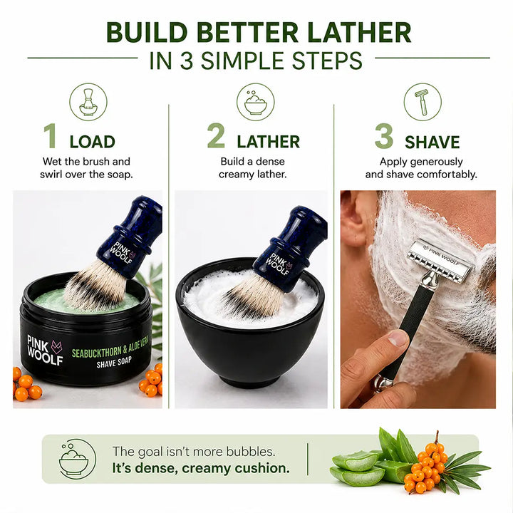 Three-step guide to Seabuckthorn & Aloe Vera shaving soap refill: load the brush, build lather and shave.