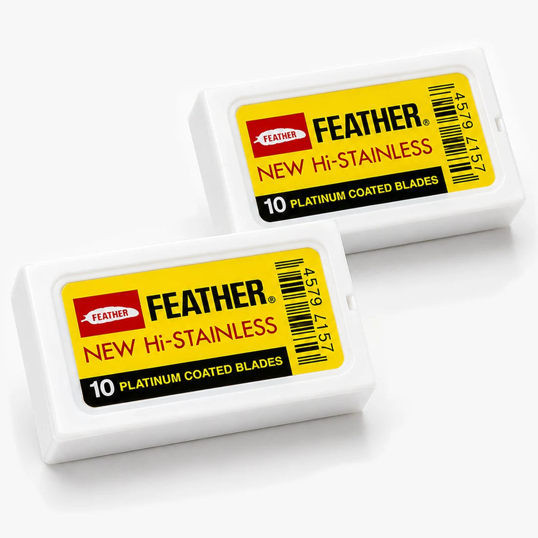 Feather Yellow Hi-Stainless double edge razor blades, 20 blades in 2 tucks of 10