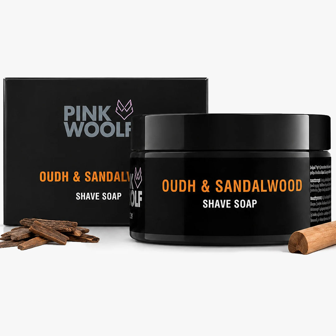 Pink Woolf Oudh & Sandalwood shaving soap with reusable jar and product box