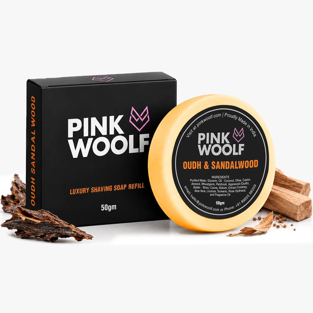 Pink Woolf Oudh & Sandalwood shaving soap refill 50g with box and soap puck