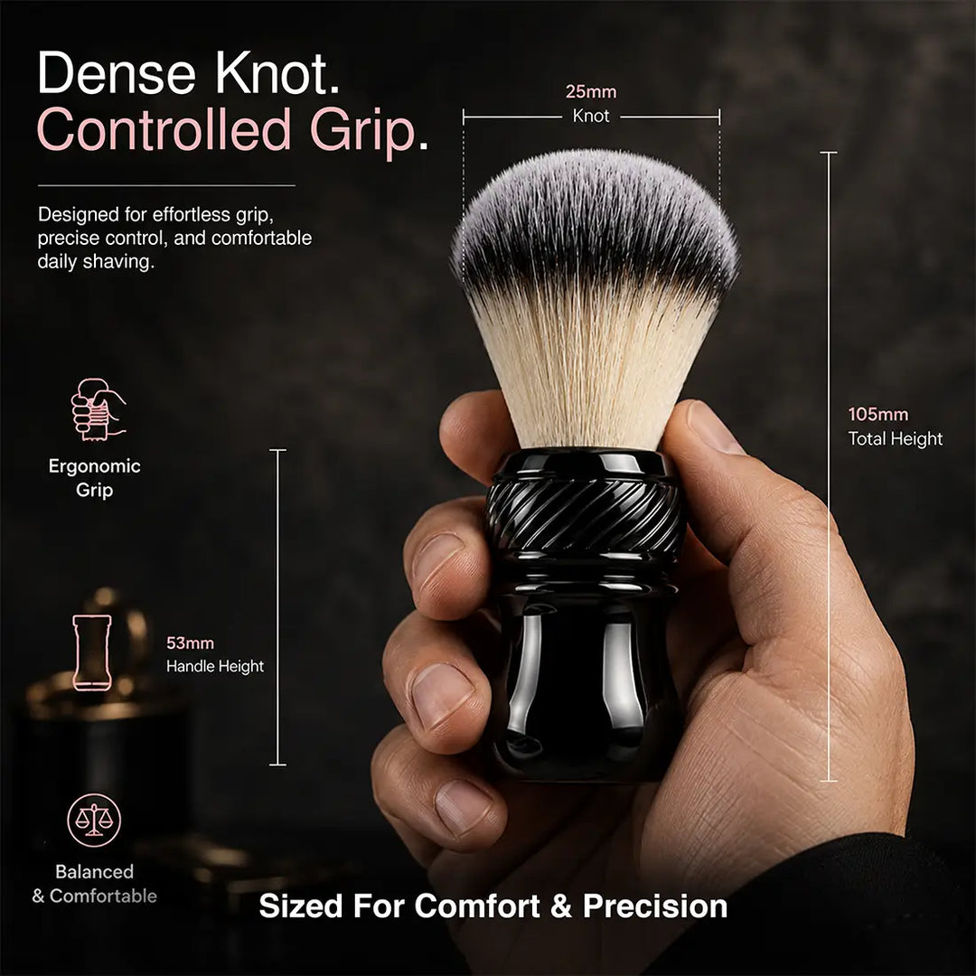 25mm Tuxedo shaving brush with ergonomic handle and dense synthetic knot