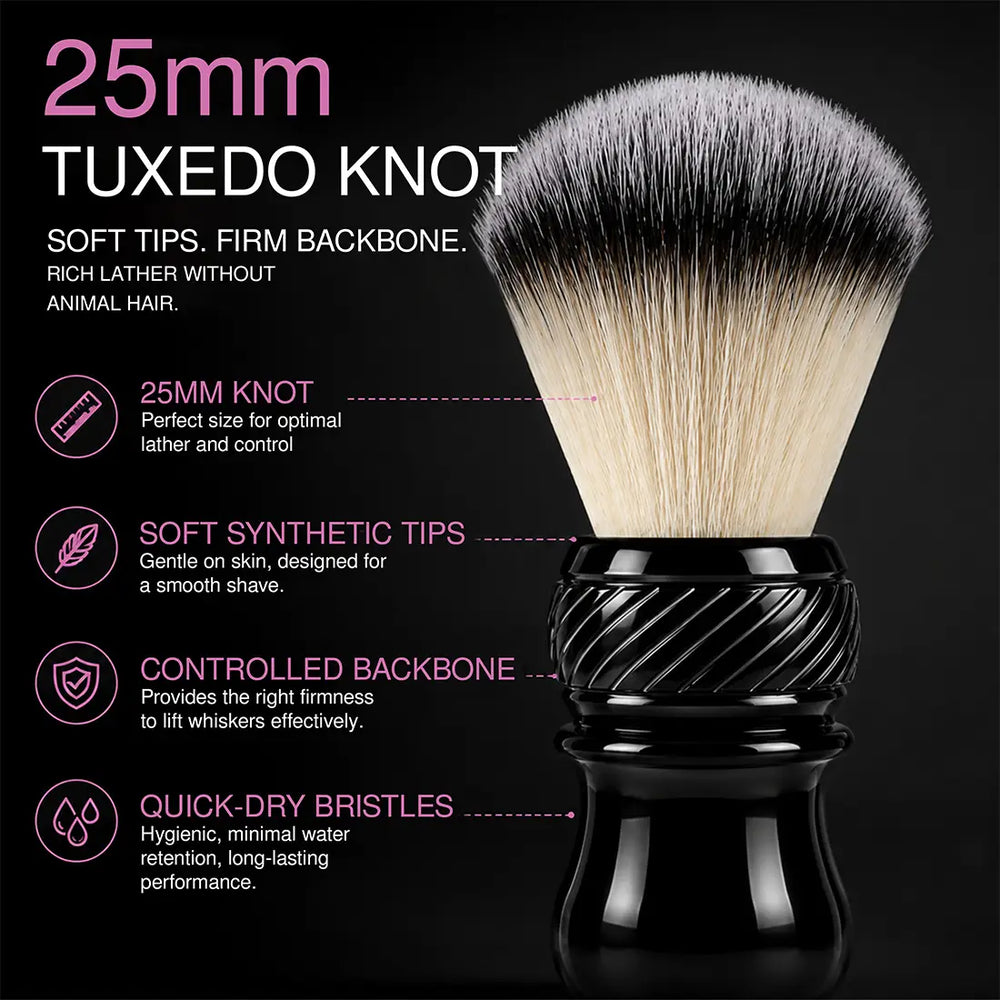 25mm Tuxedo synthetic shaving brush with soft tips firm backbone and quick-dry bristles