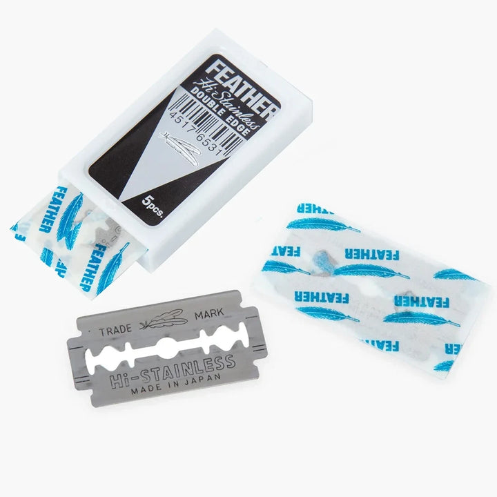 Feather Black Hi-Stainless double edge razor blade with individual wrapper and dispenser