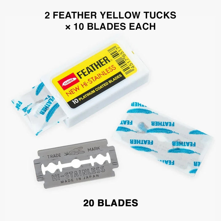 Feather Yellow double edge razor blades with 20 blades, 2 tucks of 10, made in Japan