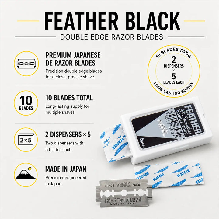 Feather Black Japanese double edge razor blades, 10 blades, 2 dispensers of 5
