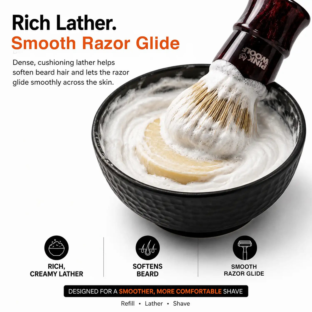 Pink Woolf shaving soap refill creating rich creamy lather for smooth razor glide