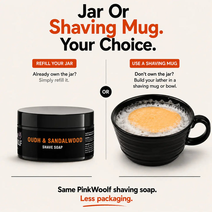 Pink Woolf shaving soap refill can be used in the reusable shaving soap jar or a shaving mug