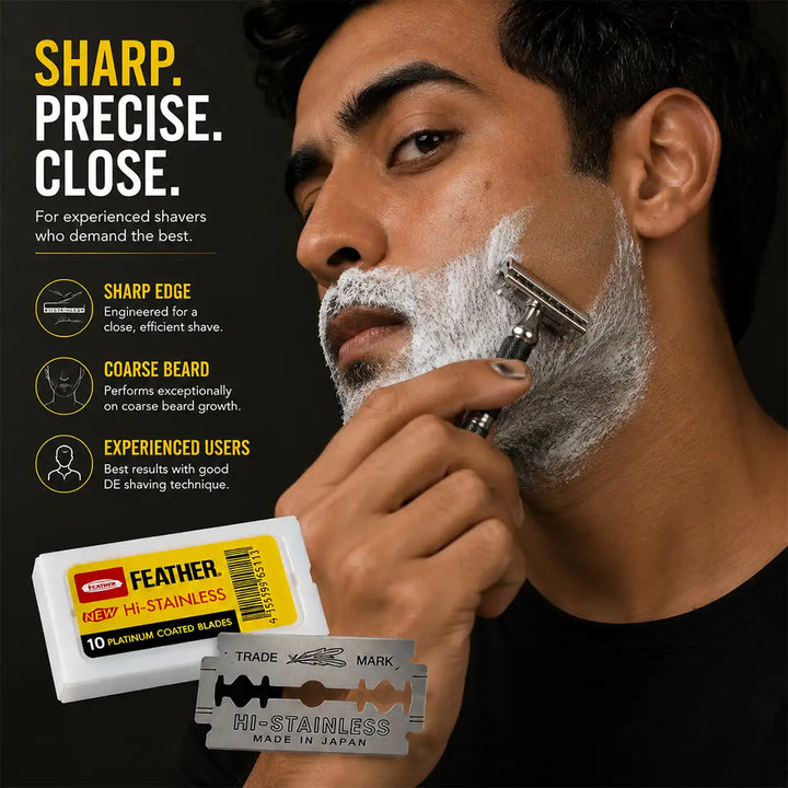 A man shaving with a silver Feather Hi-Stainless razor and shaving cream on his face, shown against a black background with product packaging and razor graphics. Text highlights sharpness, precise close shaving, coarse beard performance, and experienced users.