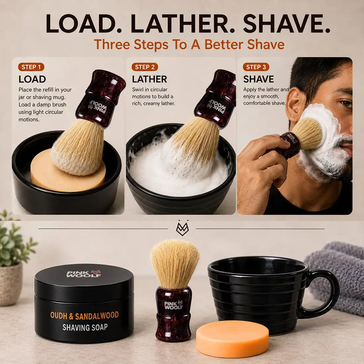 How to use Pink Woolf shaving soap refill with a brush using the load lather and shave method