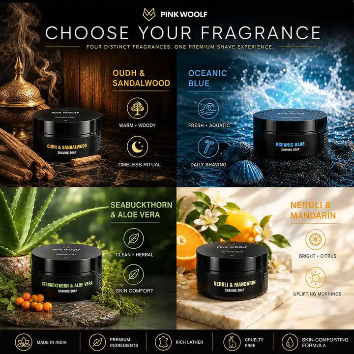 Pink Woolf shaving soaps in Oudh & Sandalwood, Oceanic Blue, Seabuckthorn & Aloe Vera and Neroli & Mandarin
