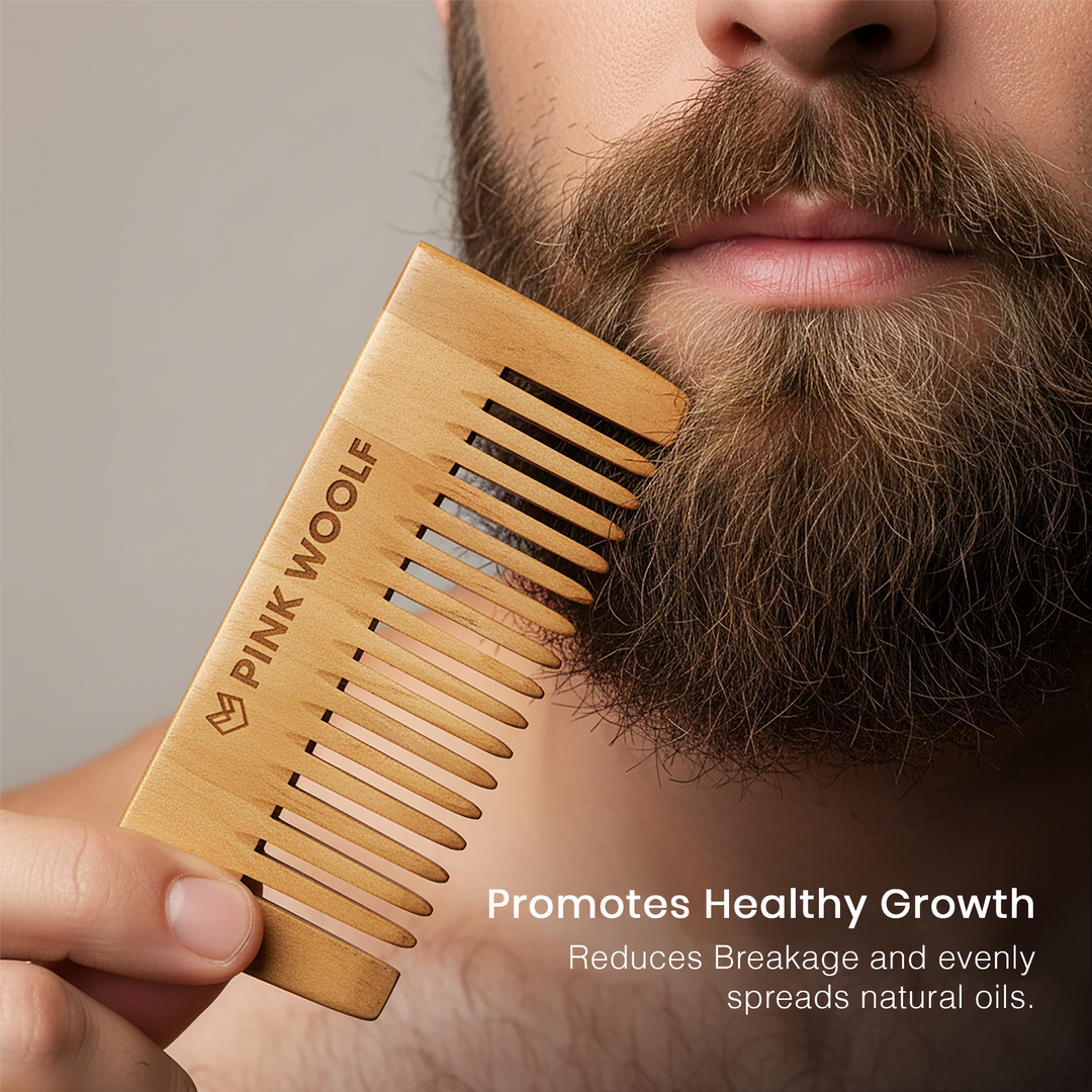Neem Wooden Beard Comb PinkWoolf IN