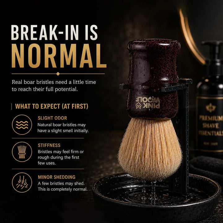 Boar shaving brush break-in guide showing initial stiffness minor shedding and natural scent