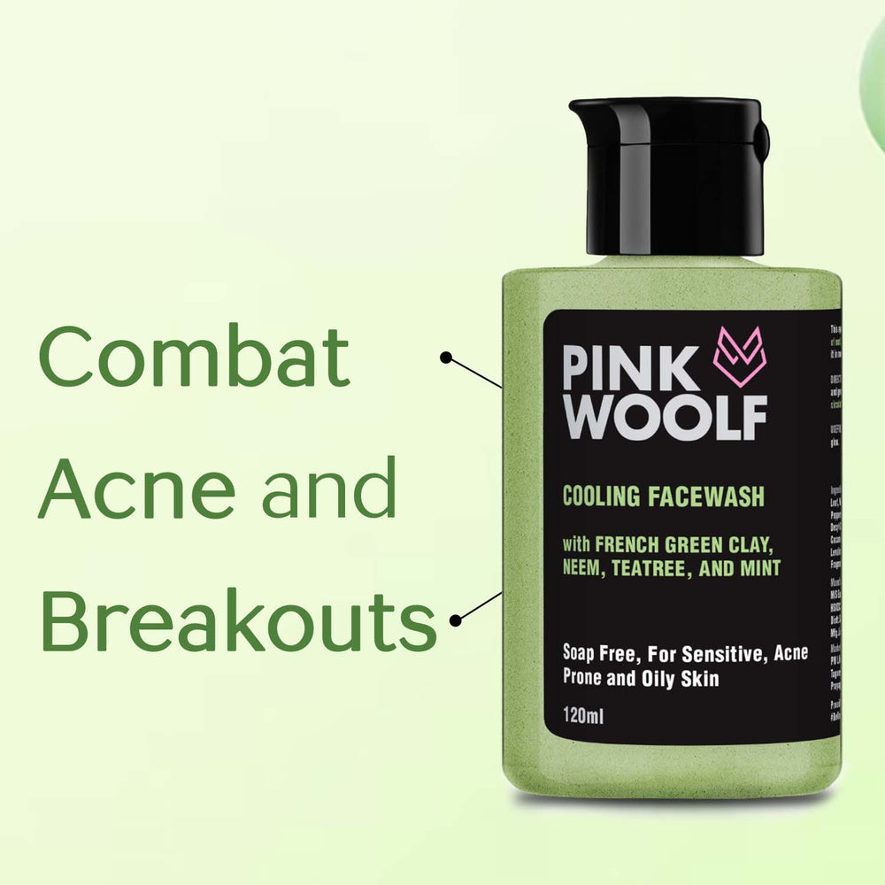 Pink Wool cooling facewash bottle with text on a light green background