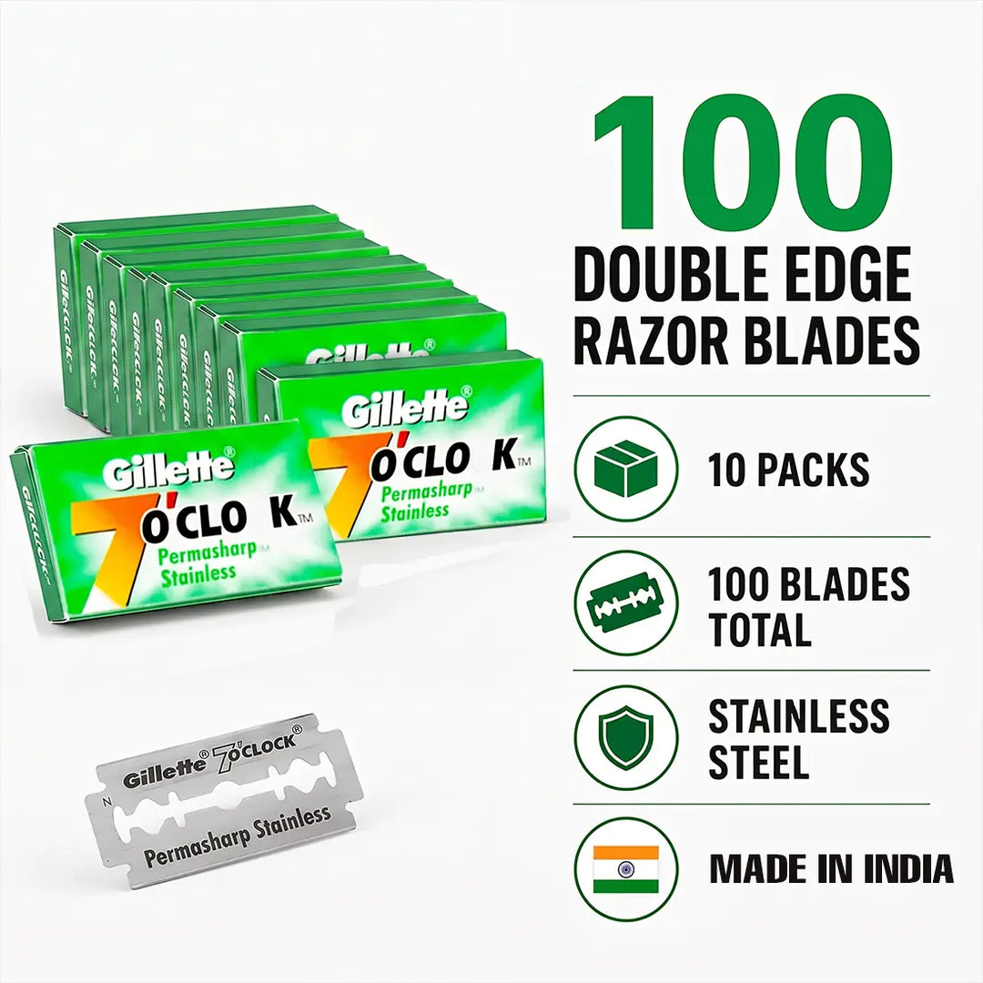 Gillette O'Clock double edge razor blades set of 10 packs, showing green product boxes, two silver razor blades, and text highlighting 100 double edge blades total, stainless steel, 10 packs, and made in India.